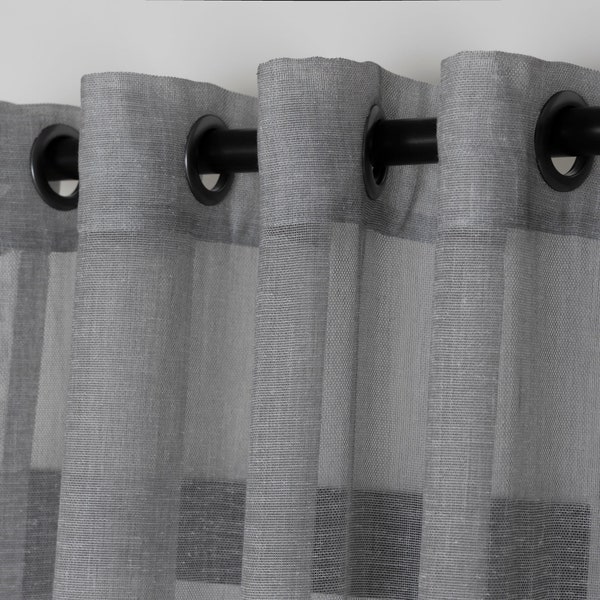 Custom Size Grommets Sheer Linen Curtains, Semi Transparent Gray Tulle Panels, Net Curtain Drapery with Extra Short Wide Long Sizes