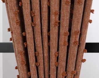 Linnenlook pluizige terracotta pom pom gordijnen, boho stijl draperiepanelen gordijnvalletjes met aangepast formaat verduisterende voeringopties