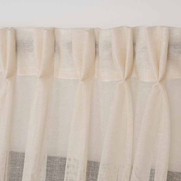 Double Pinch Pleated Linen Look Sheer Curtains, Custom Size Cream Transparent Tulle Drapery Panels, Net Curtain with Extra Long Short Wide