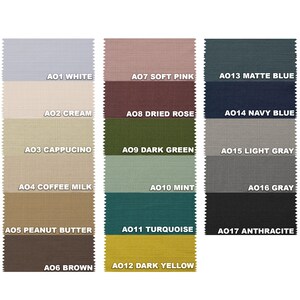 May include: Swatch card with 17 fabric samples in various colors and textures. The swatches are labeled with color names and codes, such as "A01 White", "A07 Soft Pink", and "A013 Matte Blue".