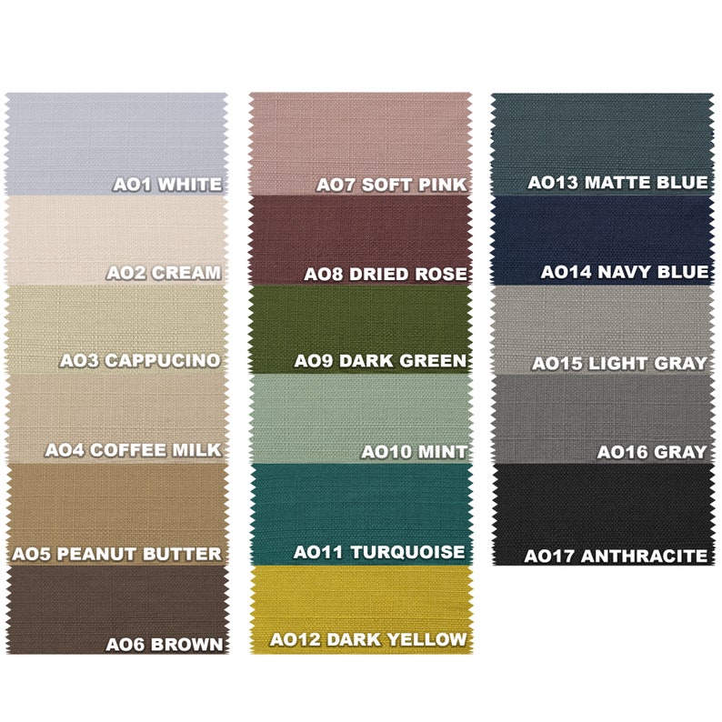 May include: Swatch card with 17 fabric samples in various colors and textures. The swatches are labeled with color names and codes, such as "A01 White", "A07 Soft Pink", and "A013 Matte Blue".