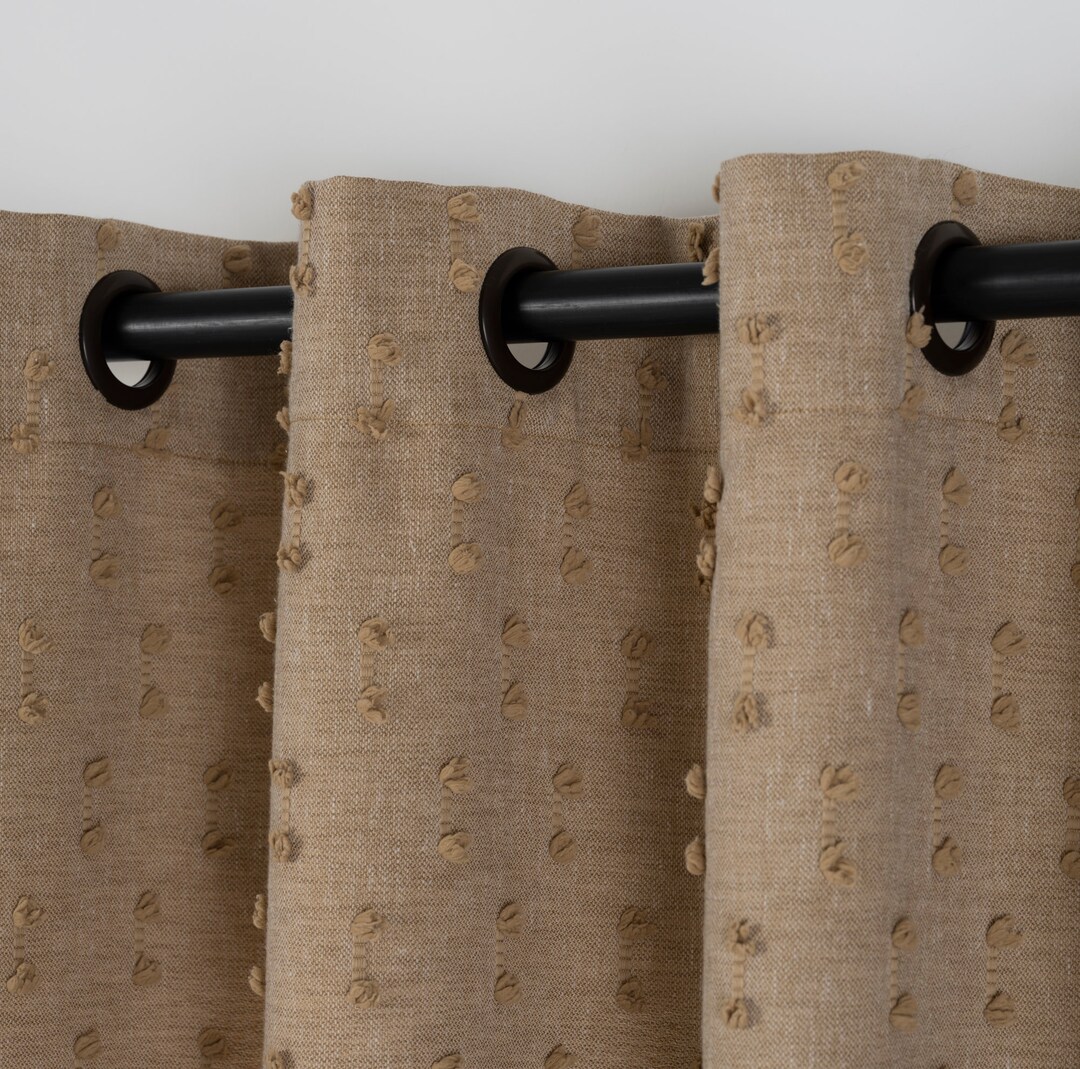 Linen Look Mustard Color Pom Pom Grommets Curtain, Fluffy Bohemian