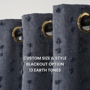 Navy Blue Pom Pom Curtains – Custom Linen Look Drapes with Blackout Option
