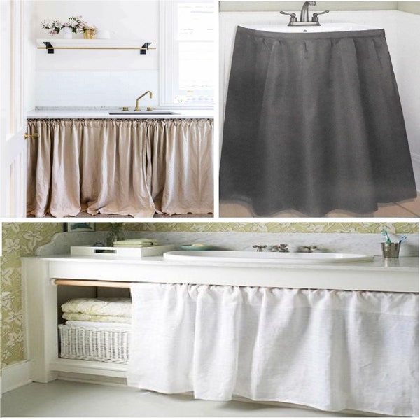 Custom Size Sink Skirt, Vanity Cover Linen Curtains, Country Kitchen and Modern Farmhouse Decor, Natural Solid Colors European Faux Linen