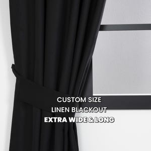 Black Extra Wide & Long Linen Look Blackout Curtains – Custom Heavy Drapes with Country Texture