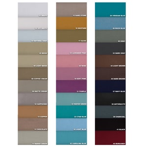 May include: A color chart with 40 fabric swatches, each labeled with a number and a color name. The colors range from white to black, with shades of gray, brown, blue, green, pink, and orange.