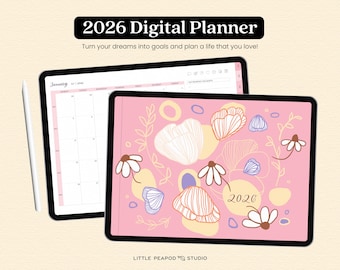 May include: Two digital tablets displaying a 2026 digital planner. One tablet shows a calendar view for January, while the other features a pink floral design with the year 2026. A white stylus is positioned next to the tablets. The text reads: "2026 Digital Planner."