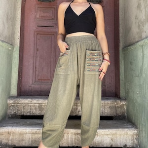 Boho Harem Pants: Handmade Cotton Trousers with Colorful Pockets