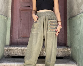Sarouel bohème : pantalon en coton fait main avec poches colorées