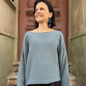 Organic Muslin Blouse: Bohemian Gauze Top, Long Sleeve Cotton Boho Clothing