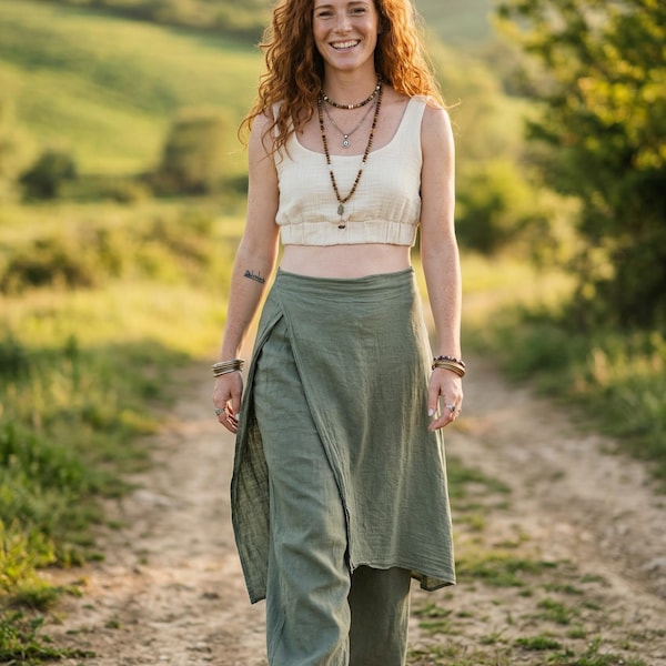 Boho-linnen broek: katoen-linnenmix wijde pijpen, elastische taille