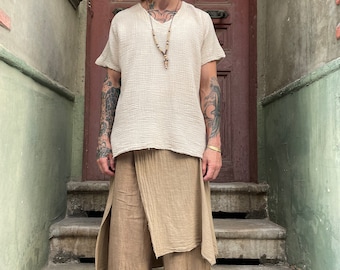 Men's Natural Linen Boho Pants: Drawstring Waist, Relaxed Fit
