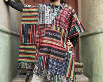 Handmade Poncho, Patchwork, Mexican Colourful Boho Festival Hippy Hippie Baja Outdoor Cotton-Gheri Poncho, Hippie Poncho, Mexican Pancho