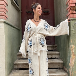 Evil Eye Kimono Set, Muslin Kimono, Evil Eye Cotton Robe, Cotton Kaftan, Home Wear Set, Bathrobe Gift, Yoga Set, Cotton Pyjamas, Pjs