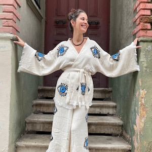 Evil Eye Muslin Kimono Set: Organic Cotton Robe & Palazzo Pants