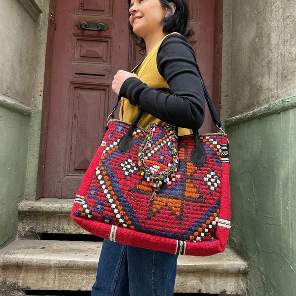 Turkish Bag, Vintage bag, antique carpet,bohemian bag, boho bag, ethnic bag, leather kilim bag, rug bag, western boho girl