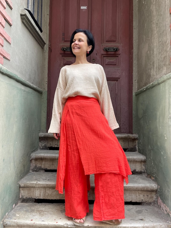 Linen Skirt Pants: Boho Wrap Palazzo Trousers, Sustainable Fashion