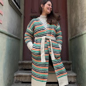 Handmade Knit Patterned Women&#39;s Cardigan – Belted, Pocketed, Cozy & Stylish Design | Boho Chunky Sweater, Fall Winter Fashion, Gift for her
