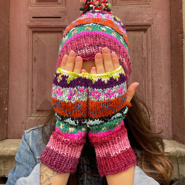 Bonnets de rebut tricotés à la main | Tricot coloré, confortable et épais | Tendance, plein air, style bohème, gants en tricot, bonnets, gants d'hiver, cadeau fait main
