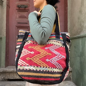 Bohem Shoulder Bag/Ethnic Beaded Purse/Hippie carpet bag/Ethnic Bag/Wowen Rug Kilim Backpack For Women/ Kilim Turkish Bag/Valentine’s Gift