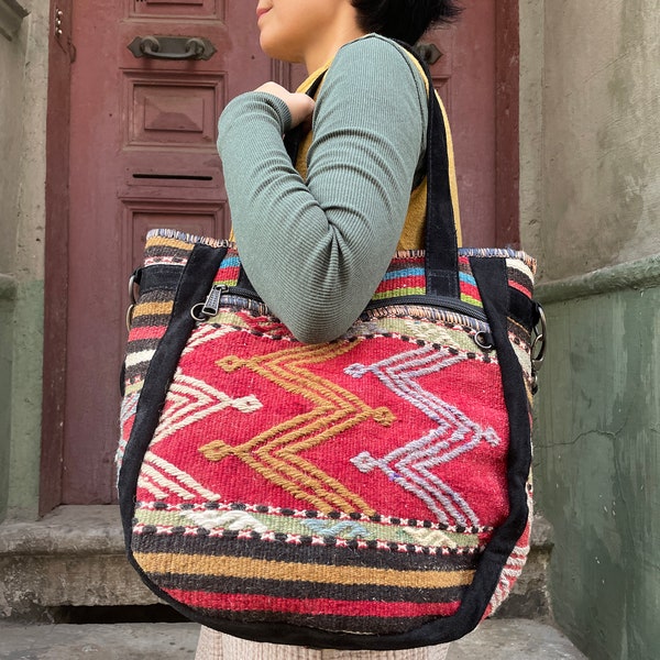 Bohem Shoulder Bag/Ethnic Beaded Purse/Hippie carpet bag/Ethnic Bag/Wowen Rug Kilim Backpack For Women/ Kilim Turkish Bag/Valentine’s Gift