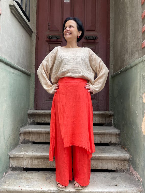 Linen Skirt Pants: Boho Wrap Palazzo Trousers, Sustainable Fashion