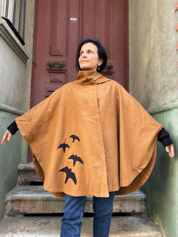 Poncho Cotton Boho Clothing Bohemian Bird Poncho: Unisex Tan Coat