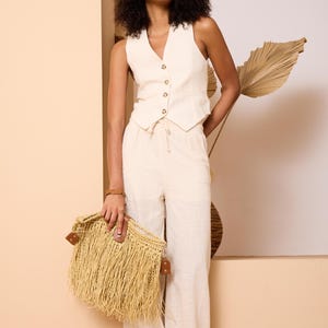 Ensemble gilet et pantalon large en lin et coton : costume crème bohème