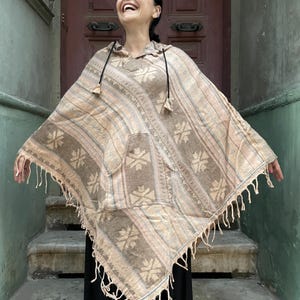 Handmade Beige Hooded Poncho: Ethnic Fringed Festival Wear