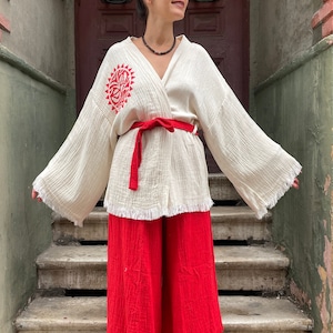 Evil Eye Muslin Kimono Set: Organic Cotton Robe & Palazzo Pant