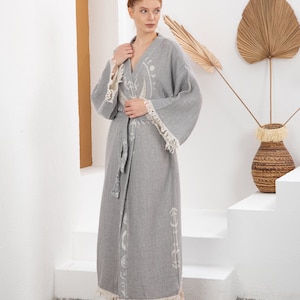 Cotton Robe, Gauze Muslin Robe, boho festival robe, boho robe, cotton kaftan, organic kimono, stone printed kimono, yoga robe
