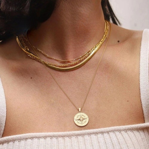 Dainty Gold Compass Necklace 18k Shiny Gold Disc Coin Etsy