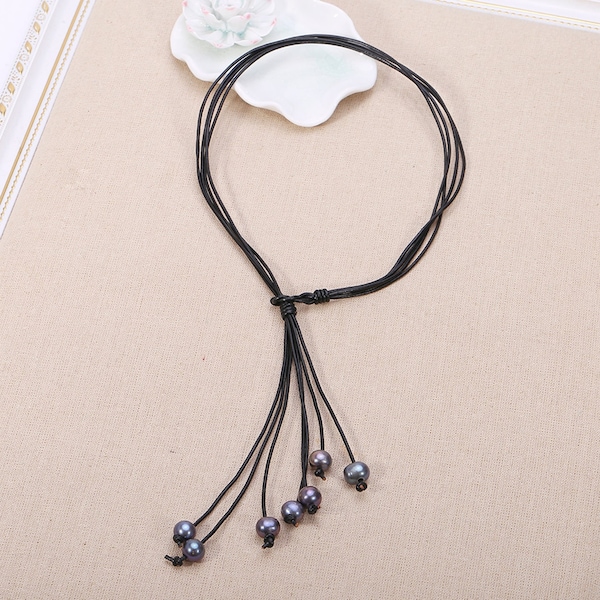 Cultured Freshwater Pearl Necklace Light Purple Beads on Black Genuine Leather Cord Strand Y-shaped  Hand-knotted Necklace Handmade 19.6"