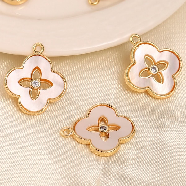 3Pcs White MOP Clover Charms,18k Gold Plated Clover Charm,Mother Of Pearl Four Leaf Clover Pendant,17x15mm Lucky Charm Necklace,AWW-P1144