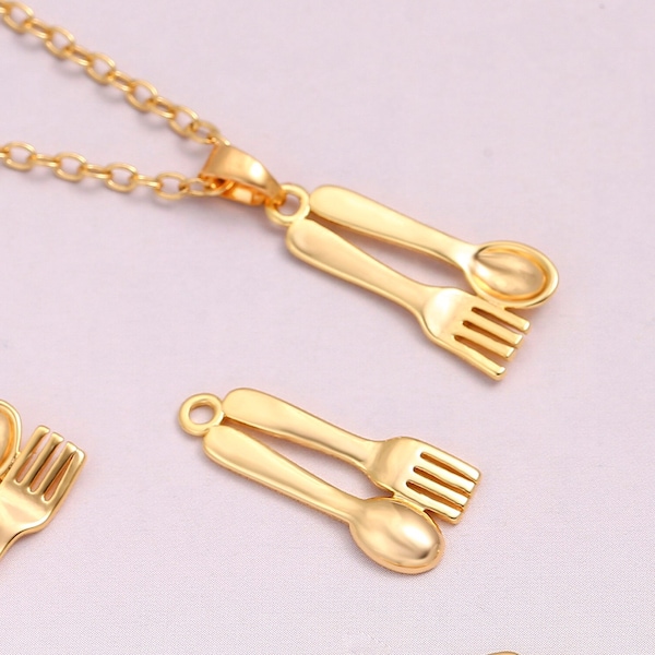 18k Gold Plated Spoon and Fork Charm,6Pcs Fork Spoon Set,Mini Fork Charms,Small Foodie Pendant Necklace,Fork Spoon Kitchen Charm,AWW-P1195