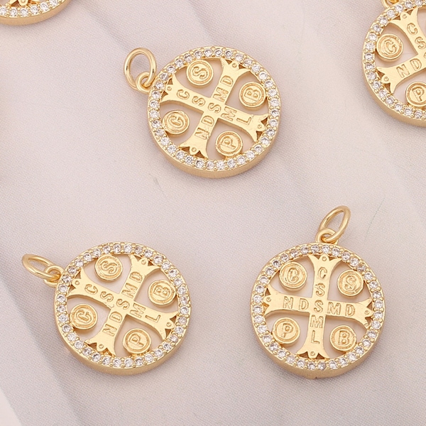 18K Gold Plated Disc Coin Relic Charm, CZ Micro Pave Cross, 2Pcs Mother of Pearl Medallion Pendant, Gold Charms, Jewelry Making, AWW-P611