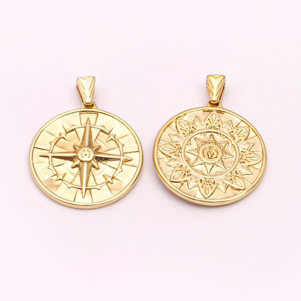 5Pcs Dainty Gold Compass Pendant, 18k Gold Plated Disc Coin Charm, North Star Compass, Nautical Travel Charms, DIY Jewelry Making, AWW-P539