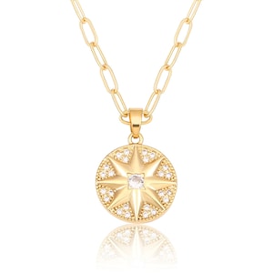 Gold Coin Necklace,18k Shiny Gold Compass Necklace,North Star Pendant Necklace,Micro Pave Disc Compass Choker, Necklace for Women,AWW-XJ1068
