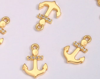 5pcs breloque ancre en or brillant 18 carats, (13x9mm) petites breloques ancre, pendentif ancre marine nautique, ancre de marin pavé CZ, bijoux de plage, AWW-P1059