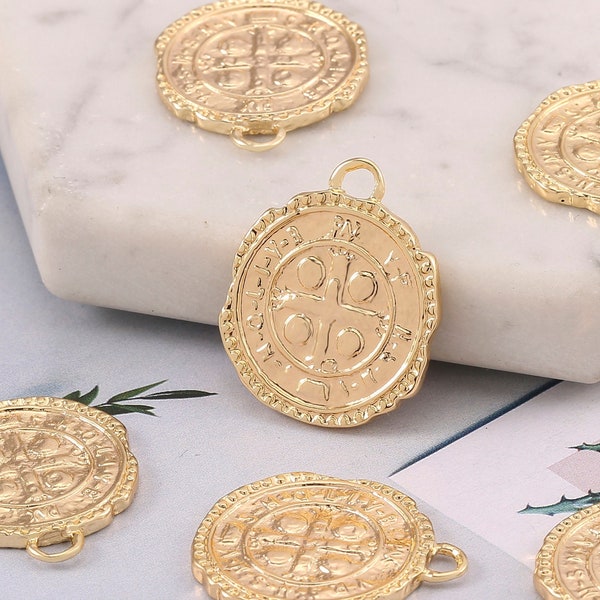 5Pcs Dainty Gold Coin Relic Charm,18k Gold Plated Medallion Pendant Bulk 23X19mm,Double Side Cross Design,Vintage,Religious Jewelry,AWW-P587