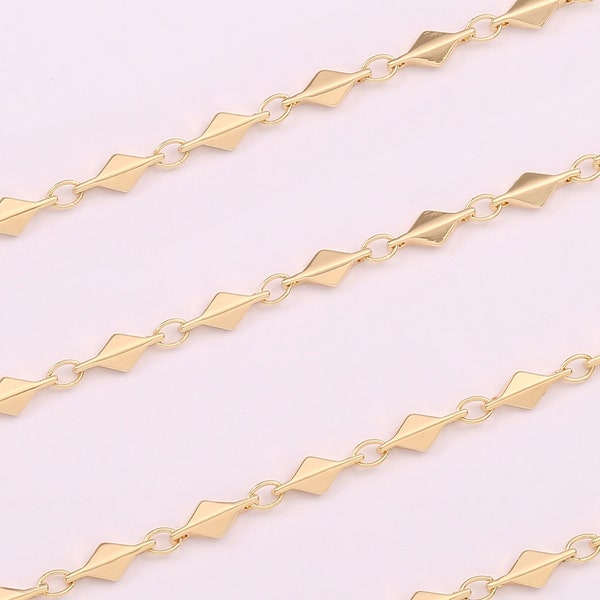 18k Shiny Gold Rhombus Link Chain, 3.2 FT(1M) 8x3mm Diamond Shaped Chain, Necklace Chain, Dainty Chain Bulk, Gold Plated Chain, AWW-P540