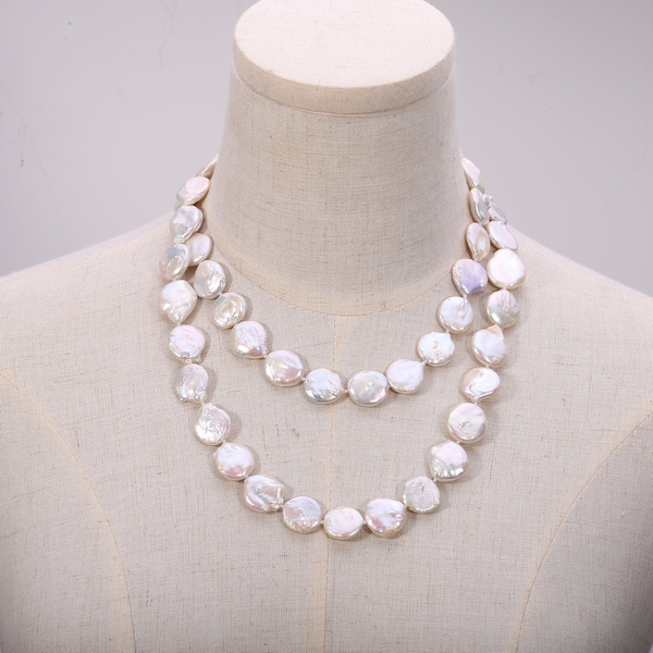 AA 13-15mm Cultured Coin Perle Collier Perles Percé Blanc Long Eau Douce Irrégulière Collier de Perles Bijoux Personnalisés pour Femmes 40.8 »