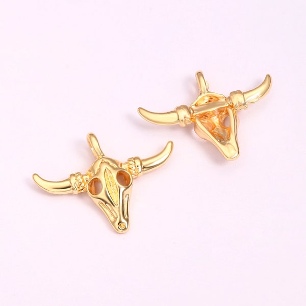 18k Gold Plated Bull Head Pendant Charm,4Pcs Gold Longhorn Cow Charm,Bull Skull Charm,Bull Head Necklace,Longhorn Cow Head Jewelry,AWW-P1237