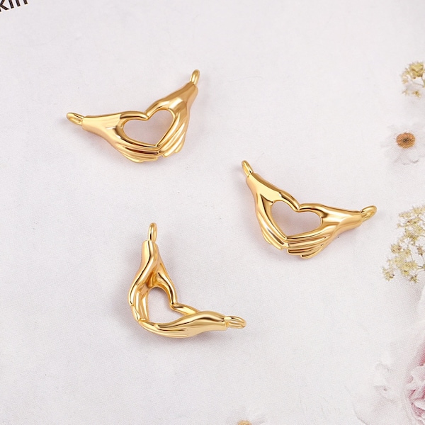 21x13mm Gold Heart Hands Charms,18k Gold Plated Heart Hand Gesture Pendant,5Pcs Hand Beads,Love Pendants,Two Hands,Hand Neckalce,AWW-P1321