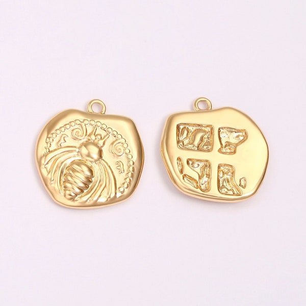 3Pcs 18k Gold Plated Bee Charm, Dainty Bumblebee, Honeybee, Queen Bee, Coin Disc Charm, Insect Bee Medallion Pendant,Animal Jewelry,AWW-P504