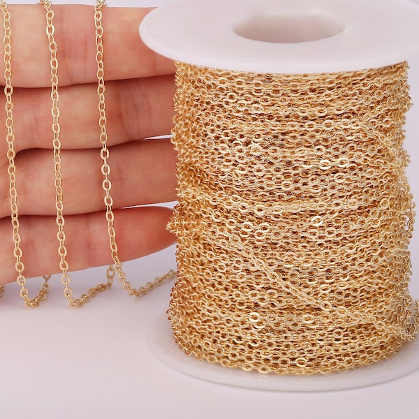 18k Shiny Gold Plated Chain Bulk, 2 Meter (6.6 ft)Tiny Rolo Chains, Bulk Chains, Flat Cable Chain, Soldered Chains, Jewelry Finding,AWW-P277