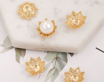 8Pcs 18k Shiny Gold Bead Caps, Large Flower Bead Caps, 15mm Filigree Beadcaps, Flower Shape Bead End Cap, Beaded Jewelry Finding, AWW-P11601