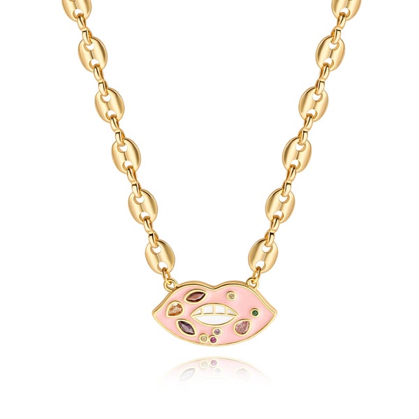 Collier lèvres en émail rose, collier chaîne d'ancre mariner plaqué or 18 carats, collier bisous, collier de grains de café pour bijoux femme, AWW-XJ1191