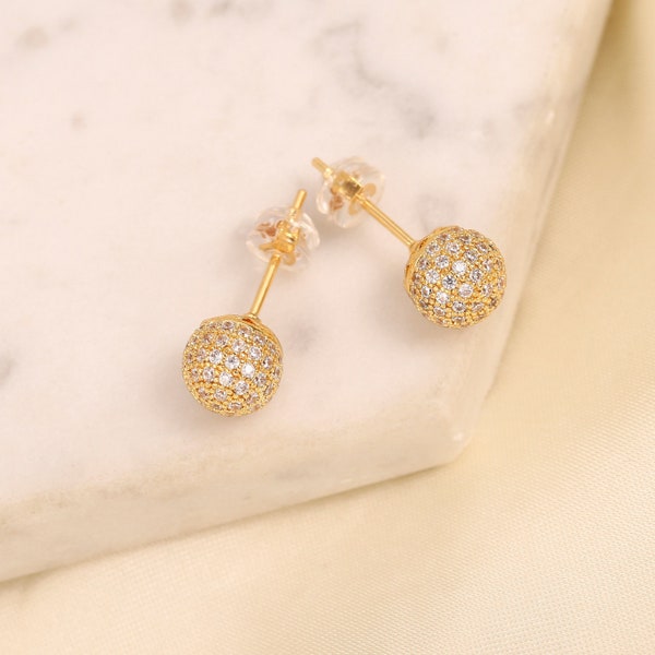 6mm Ball Stud Earrings,CZ Pave Ball Studs Earrings,18k Gold Plated Stud Earring,Cubic Zirconia Ear Studs,Minimalist Stud Earring,AWW-P1136