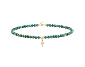 Natural Malachite Necklace, 5mm Malachite Beaded Choker, Chakra Gemstone Necklace, 18k Gold Plated Star Charm Necklace for Women, AWW-XJ1185